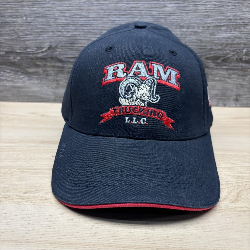 RAM Trucking Hat Cap Strap Back Black Red Embroidered Flag Mens USA The Max